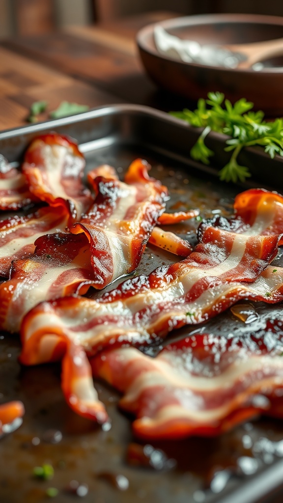Crispy bacon strips on a baking sheet in a cozy kitchen setting.